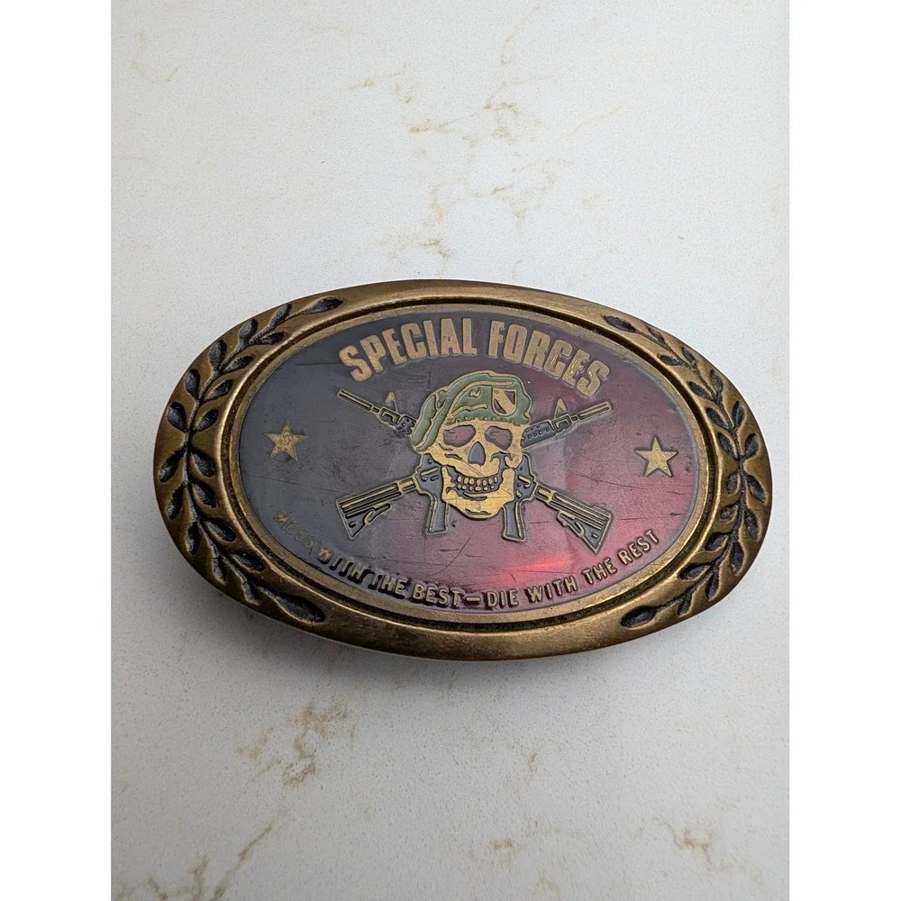 Vintage Heritage Buckles Special Forces Skull Solid Brass Belt Buckle Military